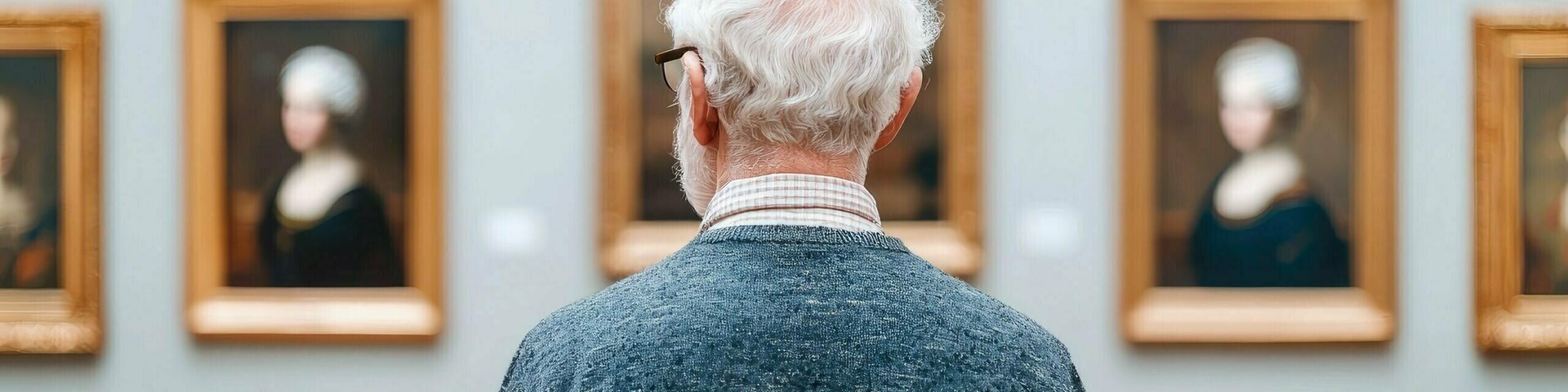 An elderly man looking at paintings in a museum
